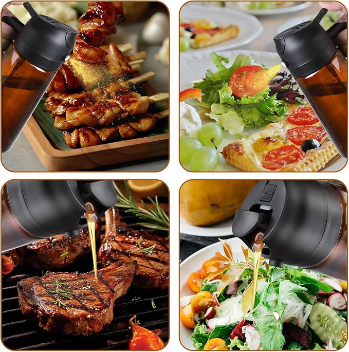 2 In 1 Oil Sprayer for Cooking, 16oz Olive Oil Dispenser Bottle for Kitchen with Light Blocking, Food-Grade Glass Oil Spray Pourer Mister for Air Fryer, Salad, BBQ (Dark Brown, 8 Labels Included)