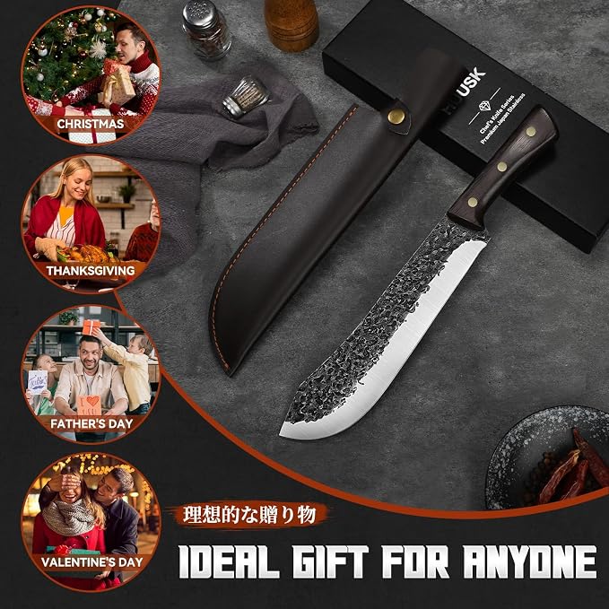 Huusk Butcher Knife for Meat Cutting, Hand Forged Meat Knives, High Carbon Cleaver with Wood Handle, Slicing Knife with Box, Ideal Gift for Man and Women