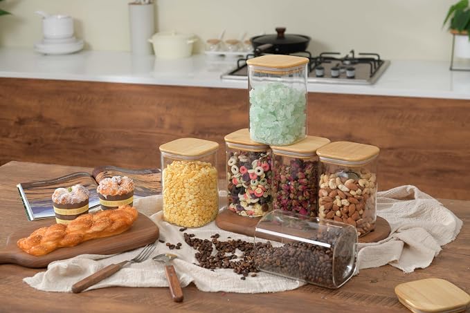 D2scrma 37oz Airtight Glass Square Storage Canisters with Bamboo Lid Set of 6 (1100ml) Stackable Containers, Kitchen Jars for Pantry Noodles, Flour and Coffee beans (with Black Lable)