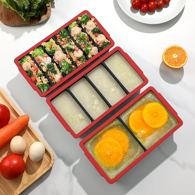 3-Pack Silicone Freezer Trays with Lid,2 Large 2-Cup(500ml)&4 Medium 1-Cup(250ml)&6 Small 1/2-Cup(125ml) Soup Freezer Container Molds,Ice Cube Tray For Meal Prep&Freezing Soup(Black with Red Trim)