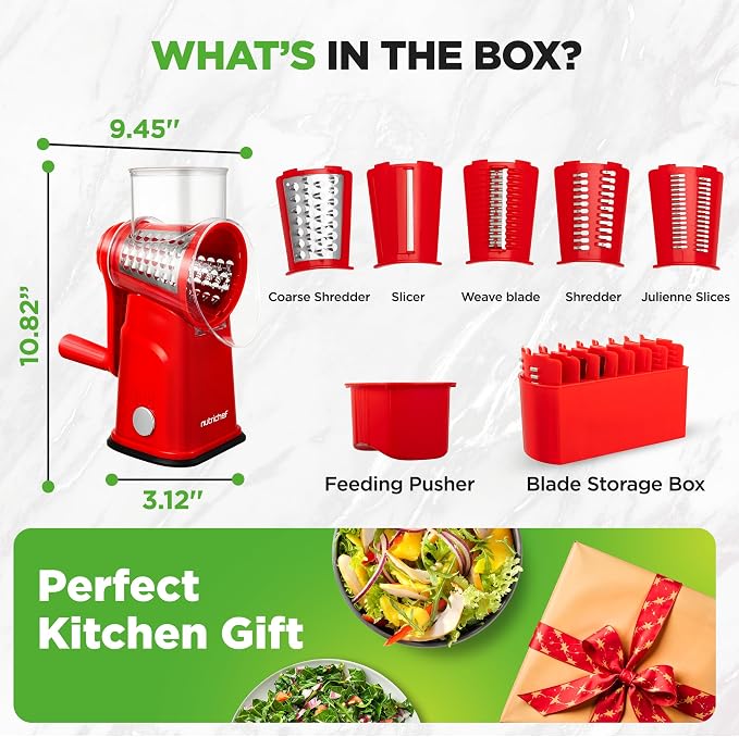NutriChef 5 in 1 Cheese Grater & Shredder | 5 Different Blades for Thin, Thick, Julienne Strips, Wavy, & Straight Strips | Includes Hand Crank, Strong Suction Base & Storage Container | Red