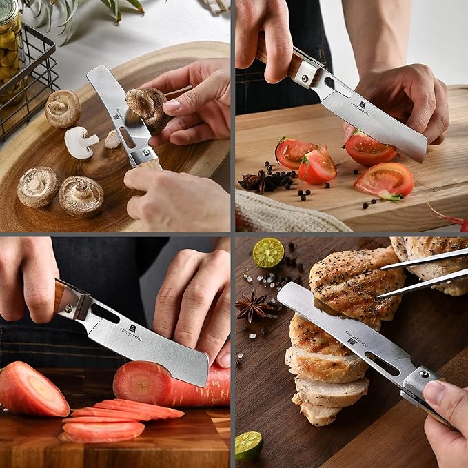 ZhengSheng Folding Chef Knife with Nylon Pouch 4.8” Ultra Sharp 440A Stainless Steel Blade Natural Olive Handle Pocket Foldable Japanese Style Kitchen Knife for Outdoor Camping BBQ trip Cooking.
