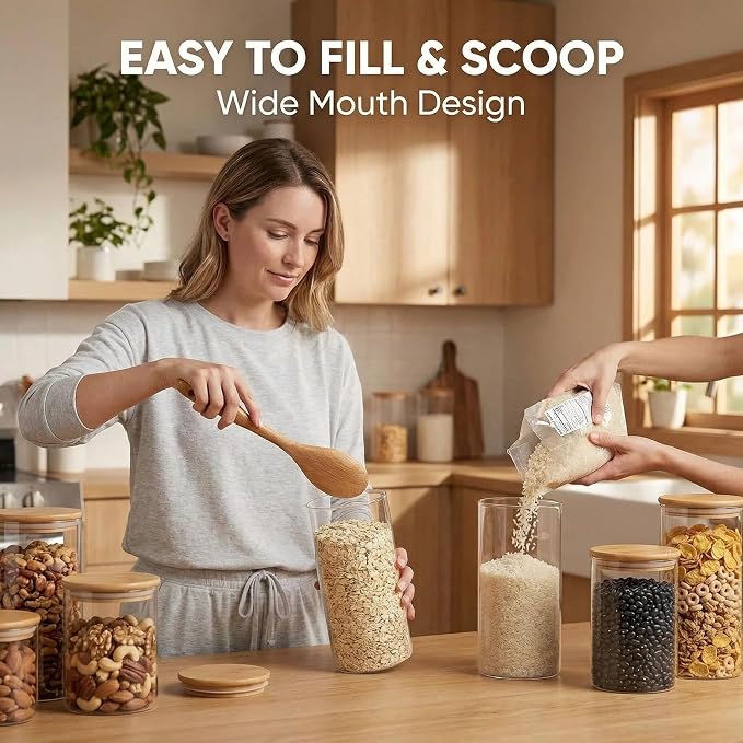 Airtight Glass Storage Containers with Lids 8 Pack, 25/37 /50oz Square Glass Jars with Bamboo Lids, Kitchen Canister Set for Pantry Organization Food Storage for Flour Sugar Rice Pasta Cereal