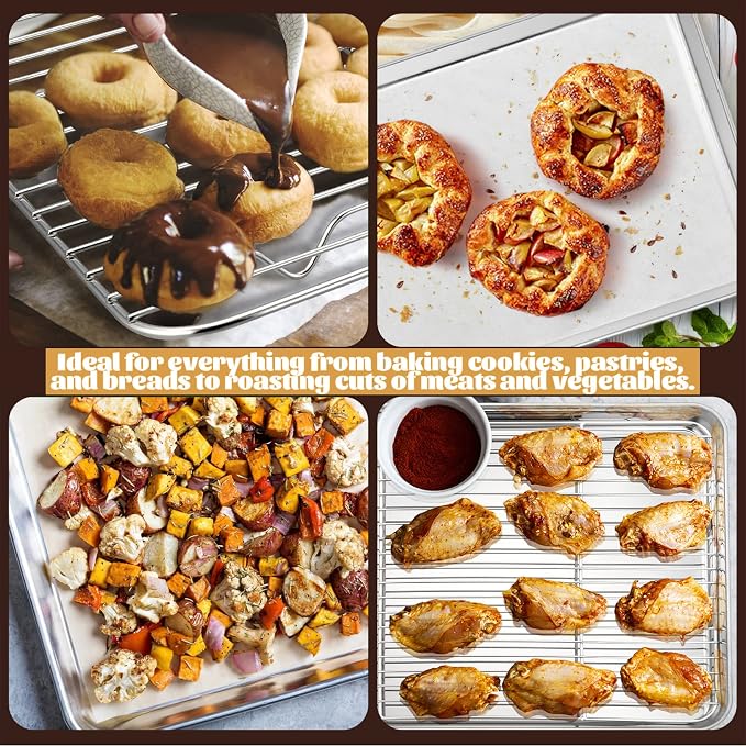 Stainless Steel Baking Sheet with Rack Set, E-far 12.4”x9.7” Cookie Sheet Broiling Pan for Oven, Rimmed Metal Tray with Wire Rack for Cooking/Baking/Cooling/Bacon, Non-toxic & Dishwasher Safe
