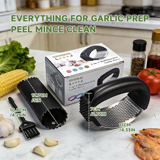 Garlic Press Rocker 304 Stainless Steel Garlic Mincer Crusher Easy to Clean Dishwasher Safe Textured End for Light Tenderizing, with Silicone Peeler and Cleaning Brush (Green)