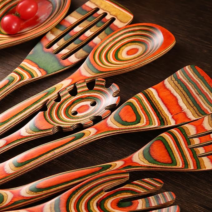 7Pcs Pakkawood Kitchen Utensils Set for Cooking, Wooden Spoons for Cooking, Safe Eco-Friendly, Non-Stick, Wooden Utensil for Cooking,Wooden Cookware Set, Housewarming Kitchen Gifts, Colorful