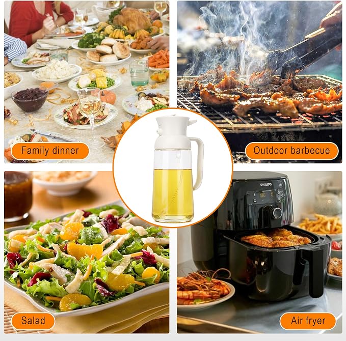 CJT Oil Dispenser for Kitchen – 18oz/550ml Oil Sprayer for Cooking and Olive Oil Dispenser Spray Bottle, 2 in 1 Glass Oil Sprayers, pourer & Oil Mister for Air Fryer, Barbecue, Salad,Frying(White)