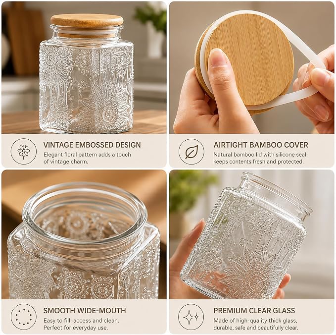 Glass Storage Jars With Airtight Lid, 23.7oz Canister For Kitchen Counter with Bamboo Lid, brown sugar, candy, coffee, cookie, salt, tea,pantry cute Jar (Square Sunflower)
