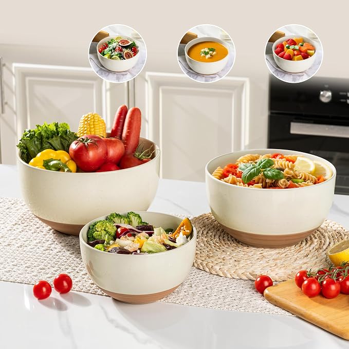 AmorArc Ceramic Mixing Bowls,Stoneware Nesting Bowls Set of 3 for Kitchen | Serving Bowls with Rustic Terracotta Underside for Mixing,Cooking,Baking,Salad,Microwave&Dishwasher Safe 4.6/2.8/1.3 Qt-Beige
