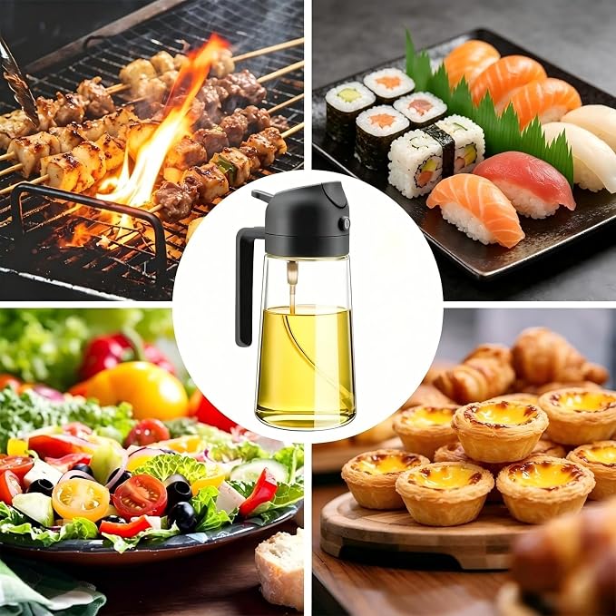 2 in 1 Olive Oil Spray Bottle, 470ml/16oz Glass Oil Sprayer for Home and Kitchen, Olive Oil Dispenser Bottle for Air Fryer, Salad, BBQ (Black)
