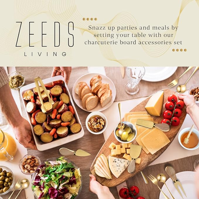 Charcuterie Board Accessories Set - Charcuterie Utensils Kit with Cheese Knives, Spoons & Forks, Ceramic Dipping Bowls, Mini Tongs, Cheese Markers, Honey Dipper for Charcuterie & Grazing Board (Gold)