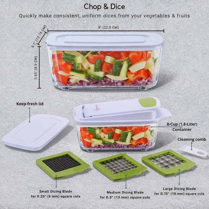 Brieftons QuickPush Food Chopper: 8-Cup Push-Down Onion & Vegetable Dicer, 3 German Steel Blades, BPA-Free Container with Keep-Fresh Lid and Cleaning Comb - Manual, Dishwasher Safe