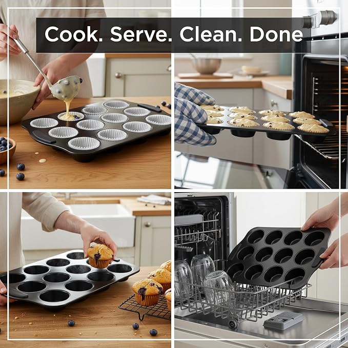 Wrenbury Set of 2 Nonstick Muffin Pan 12 Cup – Deep Cupcake Yorkshire Pudding Tin, PTFE & PFOA Free Carbon Steel, Warp Resistant Baking Tray for Even Bakes