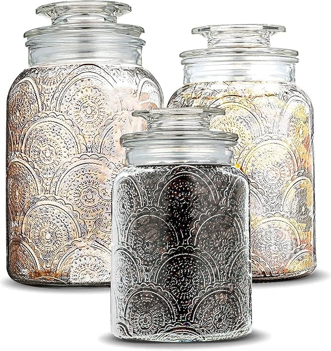 Le'raze Food Storage Containers with Airtight Lids - Retro Design - Pantry Organization, Glass Canisters Storage for Cookies, Tea, Sugar, Candy Jars, Sugar Packet, Set of 3