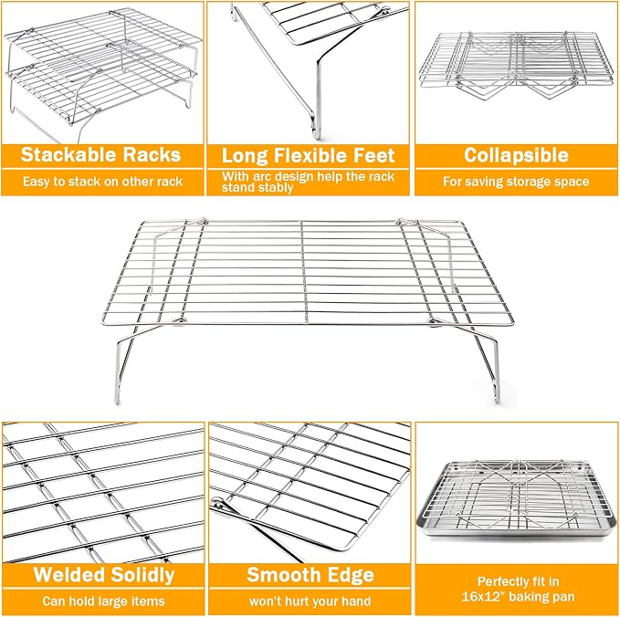 TeamFar Cooling Rack, 15”x10” Stainless Steel Wire Rack forBaking Roasting Cooling, Non-Toxic & Heavy Duty, Stackable & Flexible, Dishwasher Safe, 2-Tier