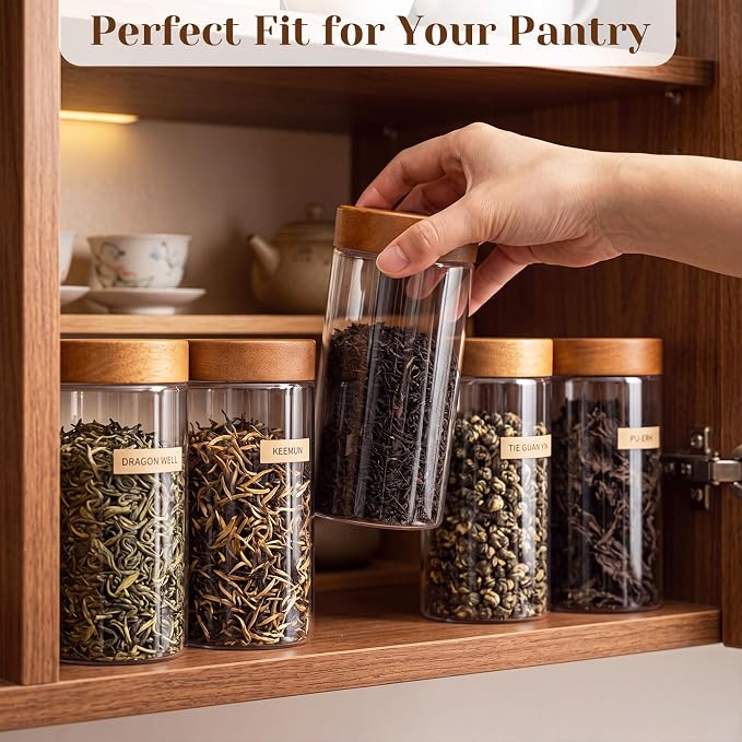 12 Pack 15oz Clear Tea Storage Containers with Airtight Lids 15oz Plastic Food Storage Jar with Acacia Wood Lids for Loose Tea Coffee Sugar Candy Herbs and Spices