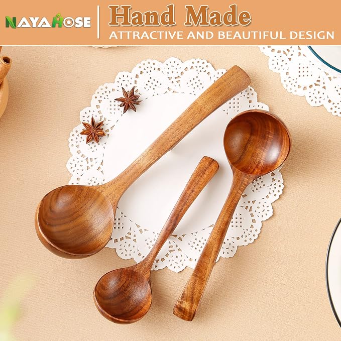 3Pcs Wooden Ladle for Soup, 3Size Natural Teak Wooden Cooking Spoons, Wood Soup Spoon for Serving, Stirring, Non-Stick Heat-Resistant, Kitchen Spoon Sets for Mom and Wife Cooking Gifts