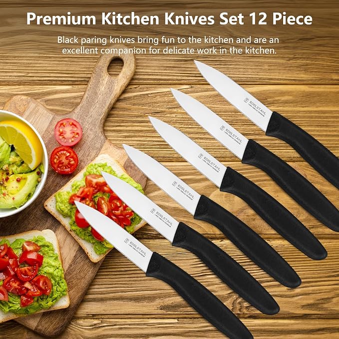 Paring and Garnishing Knife Set of 12,Premium Paring Knives,Stainless Steel Vegetable&Fruit Knife,PP Plastic Handle Cutting Knifes,Sharp Small Knife Set,Black,Spear Point