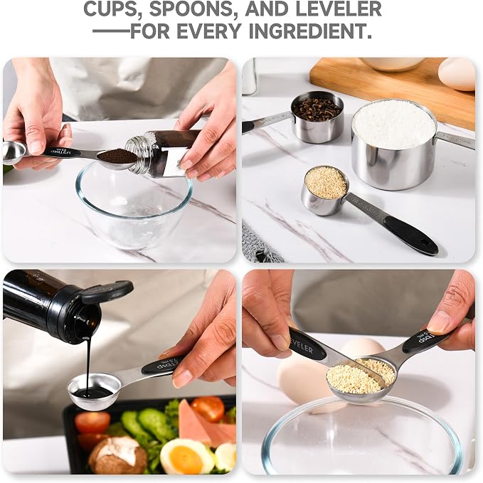 Magnetic Measuring Cups and Spoons Set, Stainless Steel, 14 Pcs | Food-grade 304 construction, strong N45 magnets, double-sided spoons, leveler included, for baking and cooking