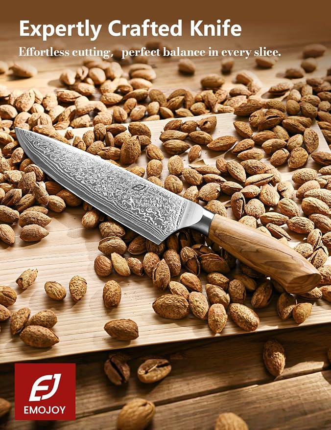 Emojoy Damascus Kitchen Knife Set, 3 PCS Japanese Chef Knife Set, 67-Layers Damascus Knife with Original Olive Wood Handle, Include Wooden Gift Box