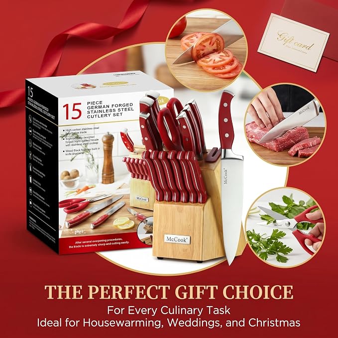 McCook® Knife Sets, High Carbon Stainless Steel Kitchen Knife Block Sets with Built-in Sharpener, 15 Piece, Forged Triple Rivet,Full Tang, Elegant Red & Stylish Wooden Block for Modern Culinary