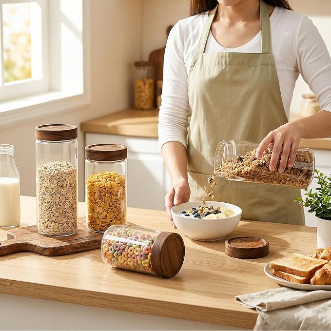 CONNOO 2-Pack 50oz Glass Storage Containers with Wood Lids | Pantry Organizers with Wooden Lids, Store Short Pasta, Flour & Dry Foods, Includes 120 Waterproof Labels for a Neat Kitchen