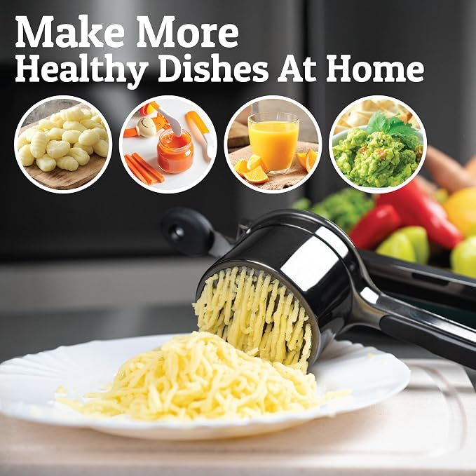 PriorityChef Large 15oz Potato Ricer With 3 Discs, Heavy Duty Stainless Steel Potato Ricer for Mashed Potatoes, Potato Masher, Press and Ricer Kitchen Tool, All Black
