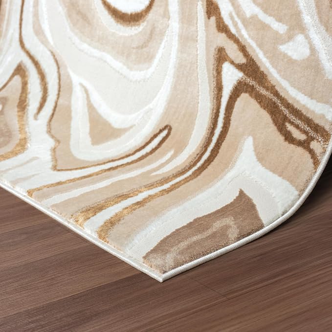 Abani Regal Beige Brown Swirl Lines Area Rug 5' x 8' for Living Room, Bedroom - Abstract Design - Durable & Washable