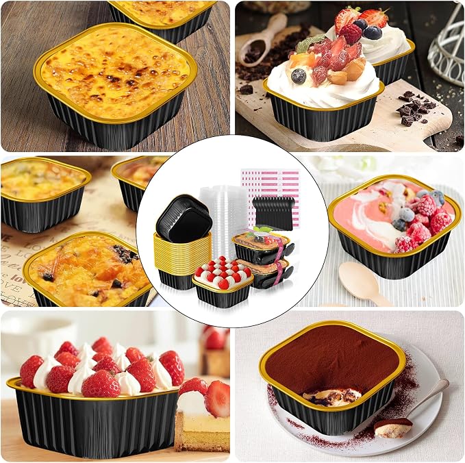 10oz Aluminum Foil Brownie Pans with Lids and Spoons, 40 Pack Square 4”X4” Disposable Ramekins Muffin Tins,Mini Cake Pans Baking Cups,Individual Cupcake Containers Dessert Cups - Black Gold