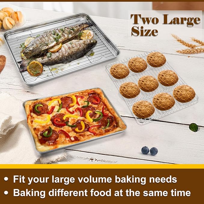P&P CHEF 16 + 12.5 Inch Baking Sheet with Rack Set, Pans with Flat Racks | 2 Baking Sheets + 2 Cooling Wire Racks, Dishwasher & Oven Safe, Non-toxic & Lasting Use, Fit for Regular Oven