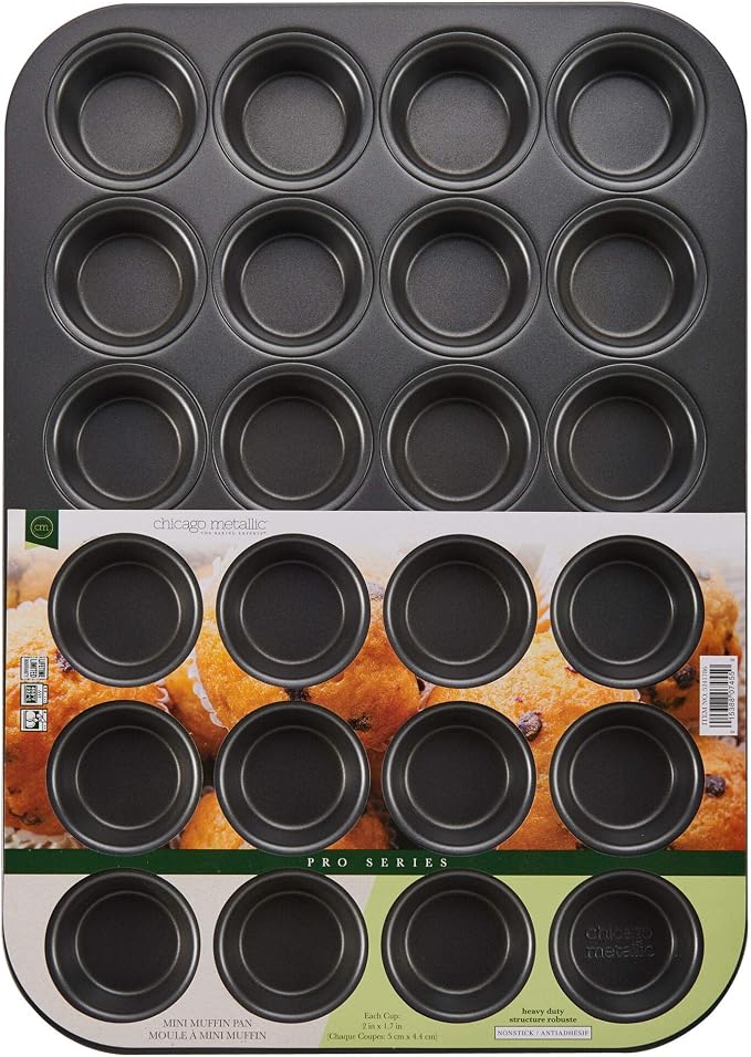 Chicago Metallic 24 Cup Mini Muffin Pan, Nonstick Heavy-Gauge Carbon Steel Cupcake Tin for Even Baking - Dishwasher Safe, 2-Inch Cups for Bite-Size Treats, Egg Bites, Quiches and More