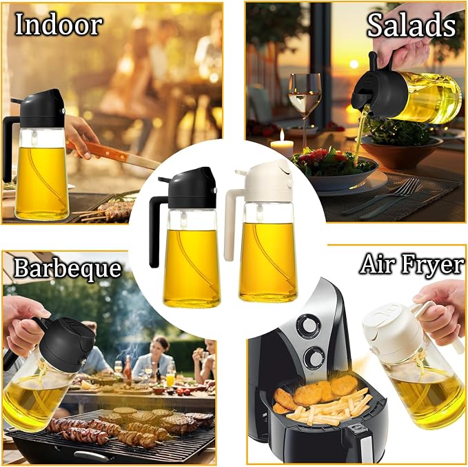 2PCS Oil Sprayer for Cooking, 2 in 1 Oil Dispenser and Oil Sprayer with Fine Mist Nozzle, Olive Oil Dispenser Bottle Spray and Pour,Oil Dispenser for Kitchen(Black and White,16 oz / 470 ml)