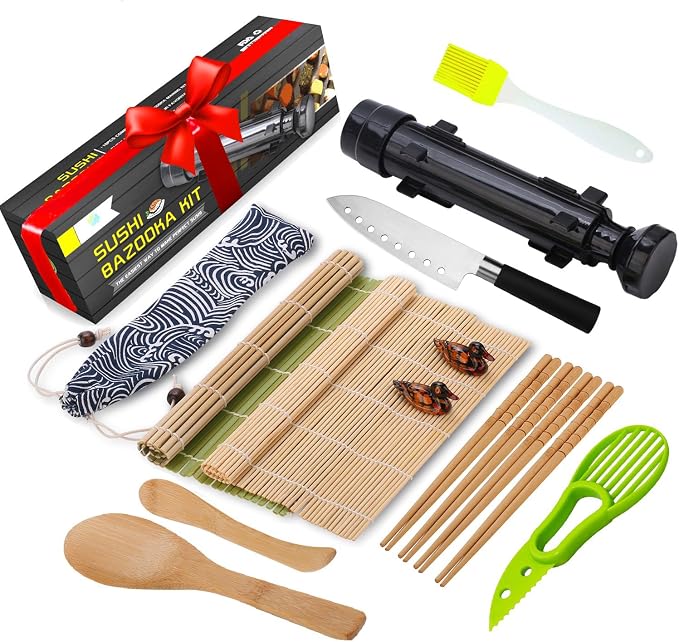 FUNGYAND Sushi Making Kit, All-in-One Bazooka Roller Set with Bamboo Mats, Avocado Slicer, Paddle, Knife, Chopstick & Holders, Cotton Bag - DIY Maki Roller Machine