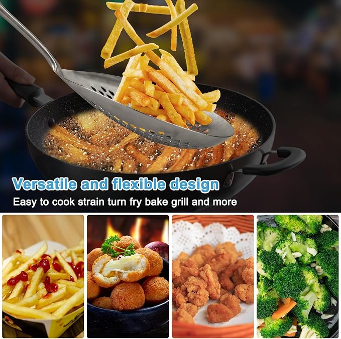 Skimmer Slotted Spoon, Length 17.3 in Diameter 7.5 in Pasta Strainer/Frying Spoon for Kitchen and Colander, Top-notch Steel Spider Strainer/oil strainer for Cooking