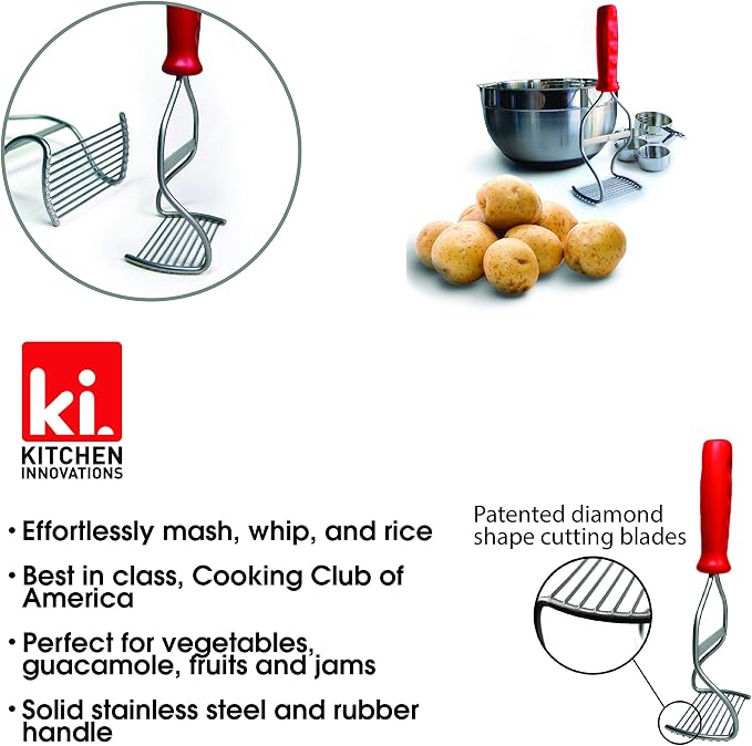 Diamond Series Masher - World's Best Handheld Masher and Blender - Stainless Steel Blades with Ergonomic Rubber Handle - Red