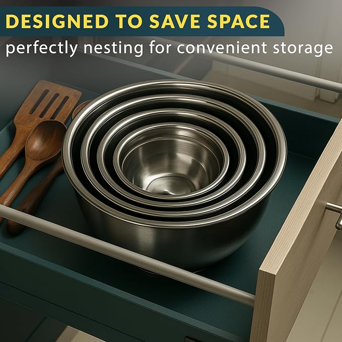 Stainless Steel Mixing Bowls with Lids Set of 5, Nesting Metal, 0.5-5 Qt | Mirror-finish interior, dishwasher safe & BPA-free; stack for food prep, cooking, storage & serving