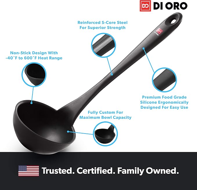 DI ORO 3-Piece Seamless Silicone Spoon and Ladle Bundle - 600°F Heat-Resistant Serving and Rubber Cooking Spoon and Ladle - Dishwasher Safe with a Heavy-Duty Stainless-Steel Core (Black)