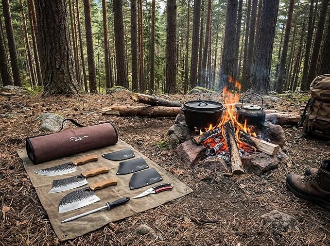 9 PCS Butcher Viking Camping Knife Set, 7" Serbian Chef Knife, 7" Butcher Meat Cleaver, 6.5" Viking Knife, 3 Knife Sheath, Honing Steel, Poultry Shears and Knife Roll Bag (Stylish Horse Pattern)