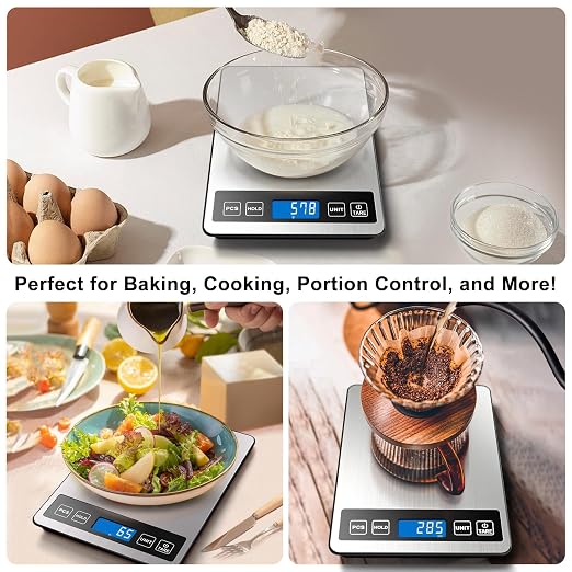 Fuzion Food Scale, 22lb/0.1oz Digital Kitchen Scale - 7 Units, Tare & PCS | Rechargeable Power, Tempered Glass & Stainless Steel - Digital Food Scale Grams and Ounces for Weight Loss, Baking, Cooking