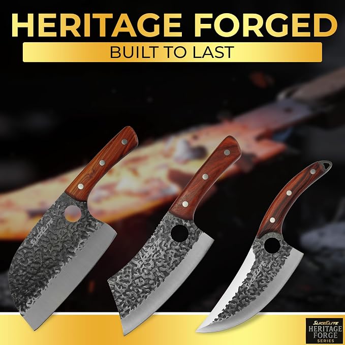 SliceElite Hand-Forged Professional Butcher Knife (3 PC BUTCHER KNIFE SET W/SANDLEWOOD HANDLES)