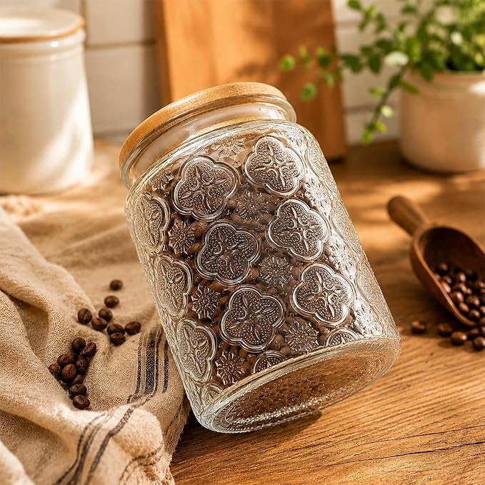 Glass Storage Jars With Airtight Lid, 23.7oz Canister For Kitchen Counter with Bamboo Lid, brown sugar, candy, coffee, cookie, salt, tea,pantry cute Jar (Begonia Flowers*1)