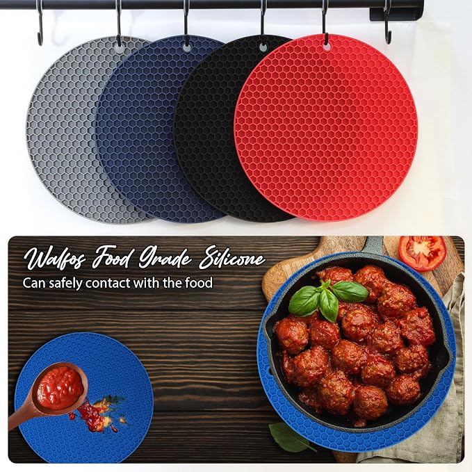 4 Pack Silicone Trivet for Hot Dishes | Heat Resistant Silicone Pot Holders for Kitchen Countertops, Hot Dishes, Jar Opener, Spoon Holder, Easy to Wash, True Blue