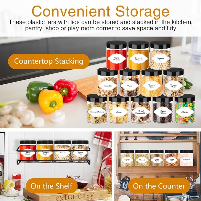 PeacePeo 8 OZ Plastic Jars with Lids, 48 Pcs Slime Storage Containers | Wide-Mouth Round Clear Jars, Black Secure Lid, Lightweight and Portable, for Pantry, Cabinet and Countertop Organization