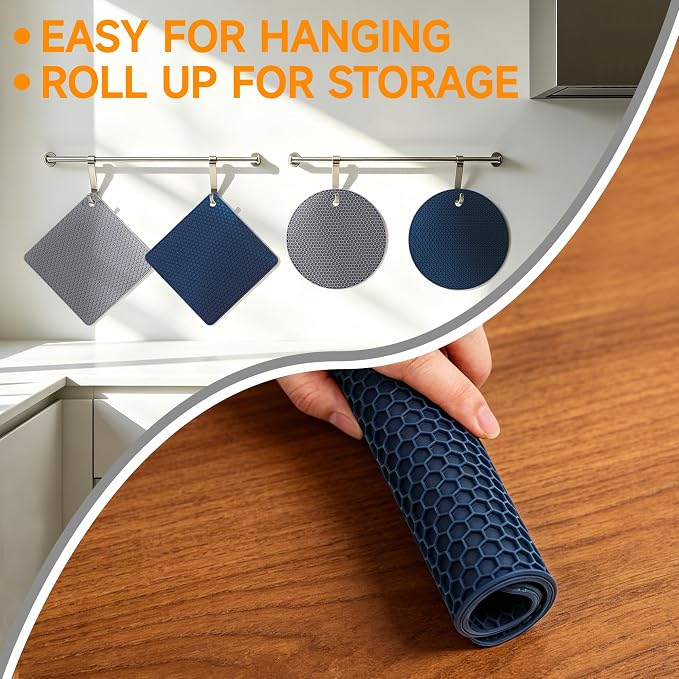 Silicone Trivets for Hot Dishes, 4-Pack Hot Pads for Kitchen Countertop Protector, Non-Slip Heat Resistant Mat for Hot Pots and Pans Food Grade Silicone Grey & Navy Blue