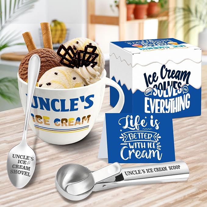 Uncle Gifts, Gifts for Uncle Fathers Day from Niece Nephew, Uncle's Ice Cream Bowl Scoop Shovel Spoon Set, Uncle’s Ice Cream Gift, Christmas Birthday Father's Day Present for Him Man