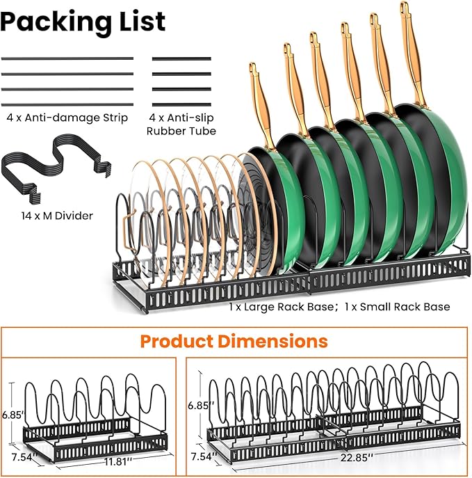 MUDEELA Expandable Pot Pan Lid Organizers inside Cabinet, 14 Divider-Black | Expandable 11.8–22.9", 14 Adjustable Divider, Tool-Free Assembly, Non-Slip, Scratch-Proof, For Pan Lid Cutting Board Bakeware