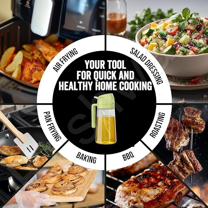 2 in 1 Oil Sprayer & Dispenser 500ml Glass Bottle for Cooking, Air Fryer, Salad, BBQ, Roasting