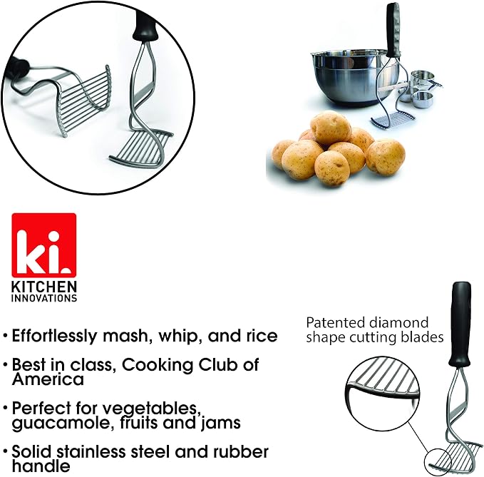Diamond Series Heavy Duty Potato Masher – Stainless Steel Handheld Food Masher & Blender with Ergonomic Non-Slip Handle – Ideal for Beans, Veggies, Avocados, Fruits & More – Black