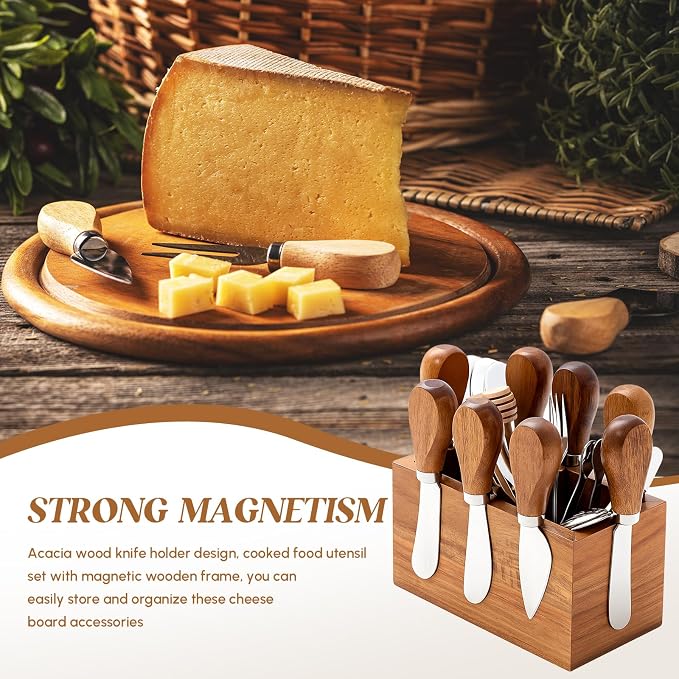 Hushee 46 Pcs Charcuterie Boards Accessories with Magnetic Acacia Wood Holder Wooden Cheese Knife Set for Wood Handle Knives for Cheese Knife Slicer with Tongs, Spoons, Forks, Honey Dipper (Style 3)