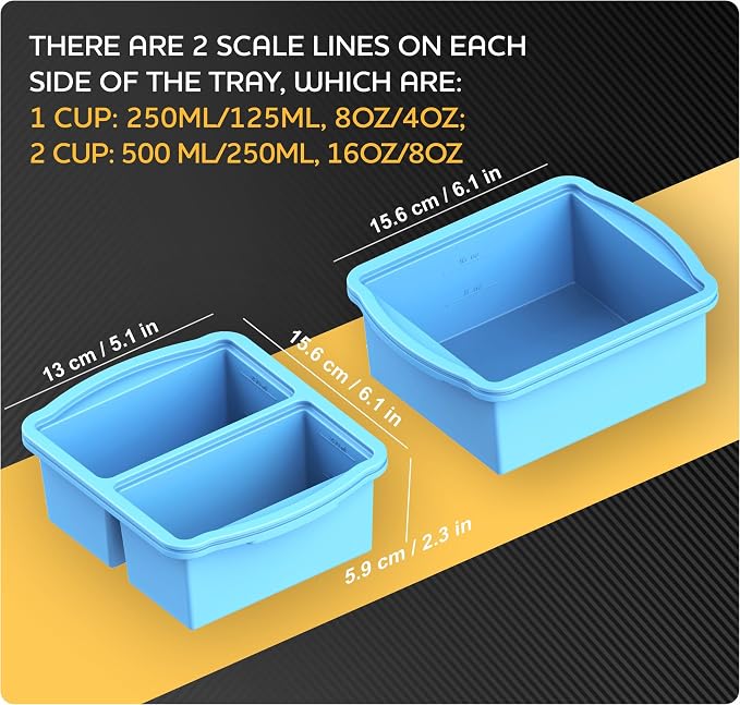 Silicone Freezer Trays with Lids, Set of 2 - with 1cup and 2 cupSilicone Freezer Molds for freezing soups, sauces and individual servings of lasagna, casseroles, dishwasher and microwave safe